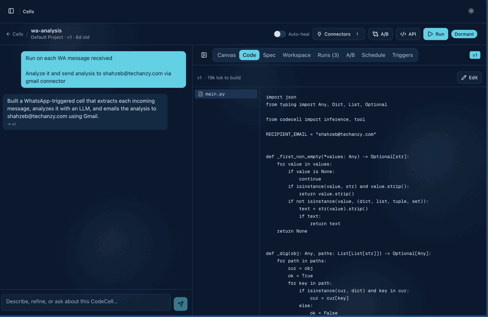 CodeCell chat building a WhatsApp-to-Gmail automation, with compiled Python code
