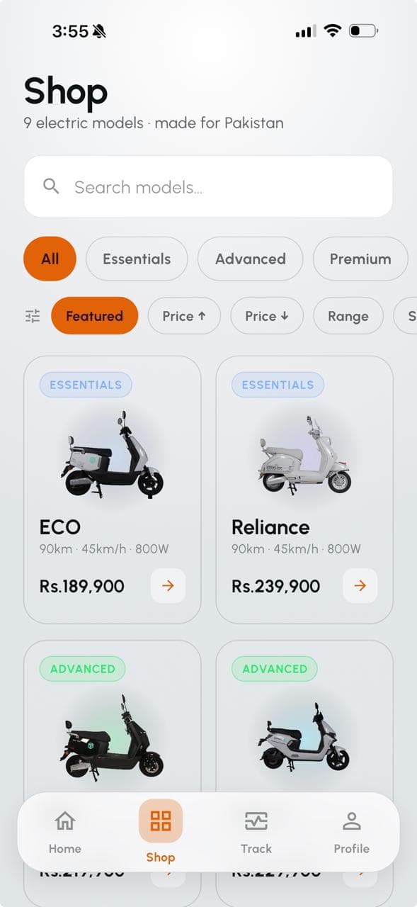 Jinpeng customer app - shop screen with model catalog