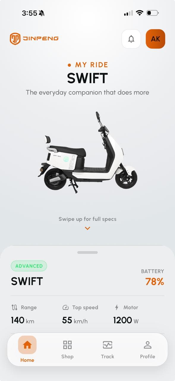 Jinpeng customer app - My Ride screen with battery and range
