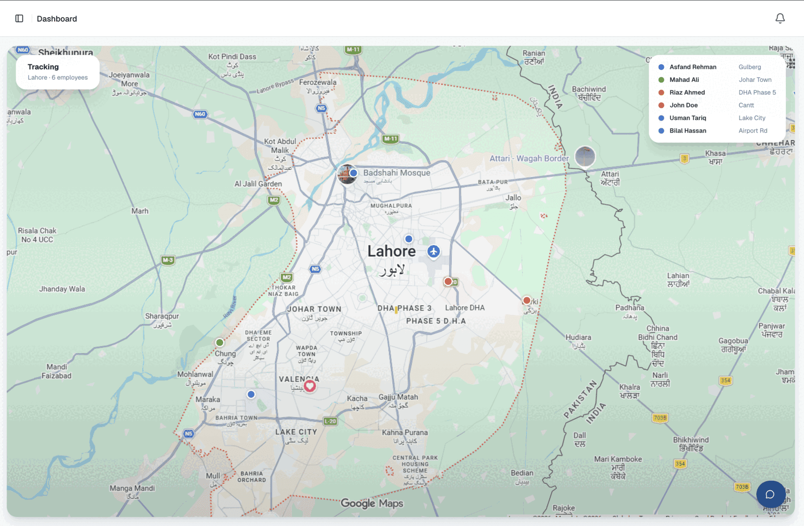 HR 101 live tracking - field team locations on a city map
