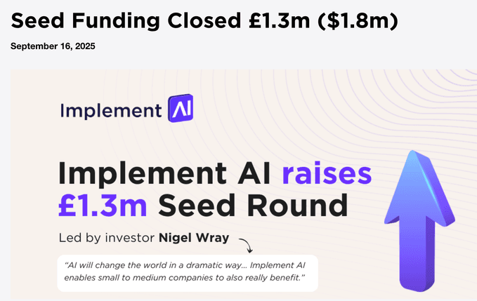 Press coverage of Implement AI raising a £1.3m round