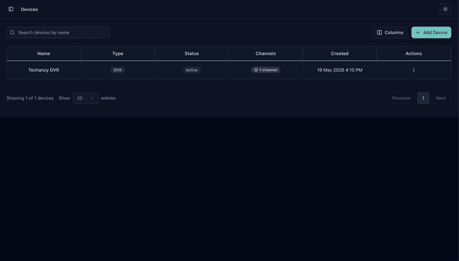 Lenscope devices list - registered DVR with active channels