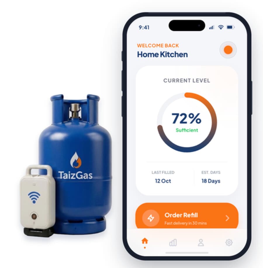 Taiz Gas IoT sensor strapped to an LPG cylinder, with the companion mobile app
