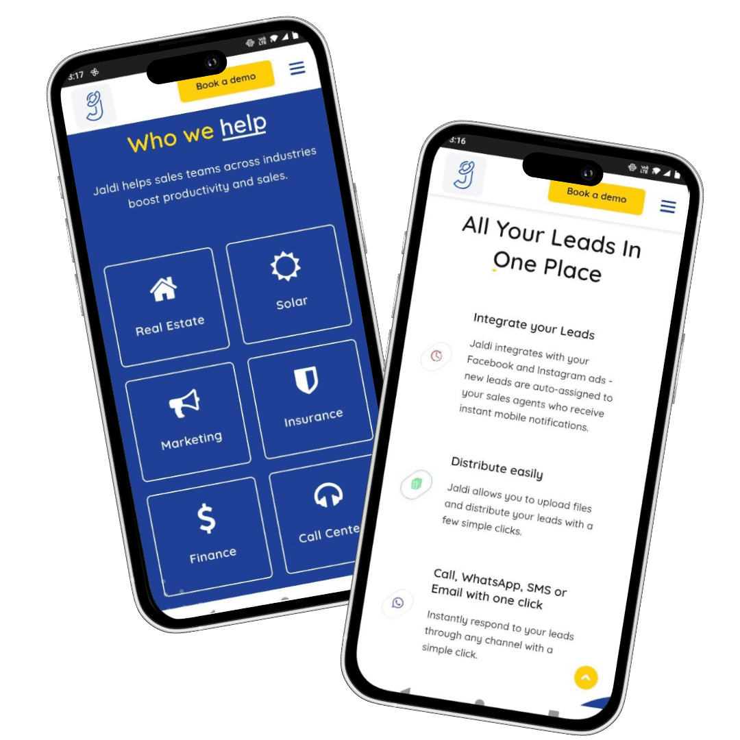 Jaldi app - industries served and lead distribution screens