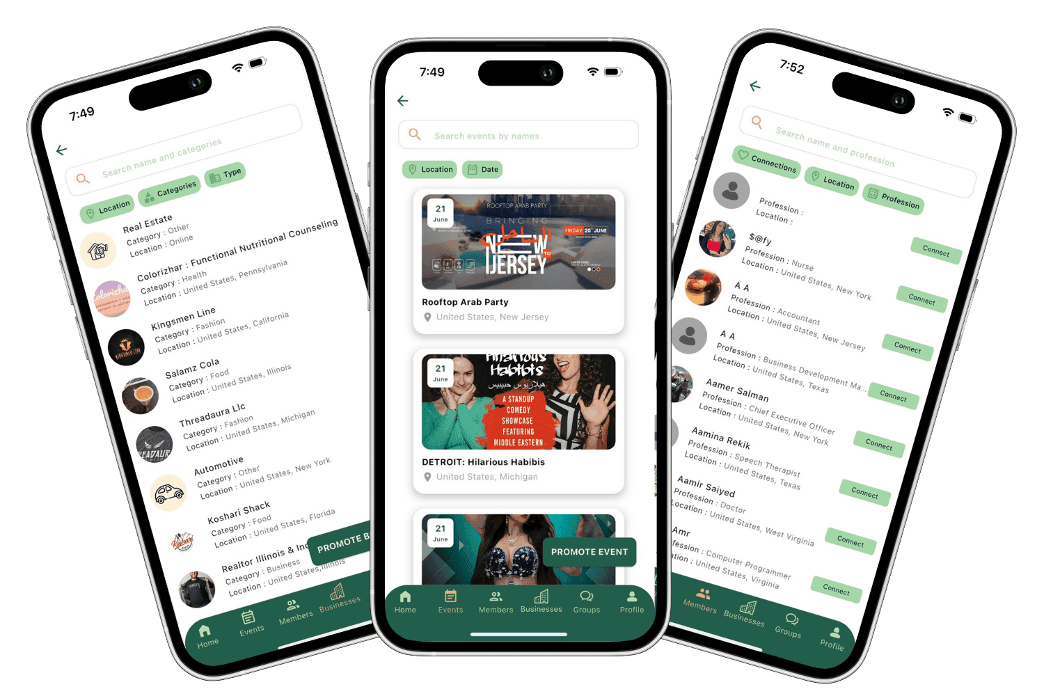 Arab Socials app - businesses, events and members screens