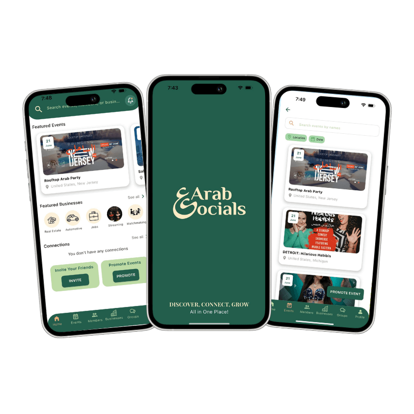Arab Socials app - home feed, splash screen and events search