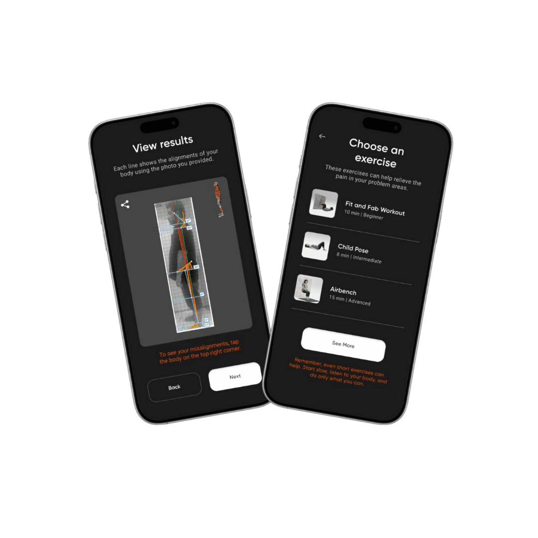 Kaizen app - alignment results and exercise recommendation screens