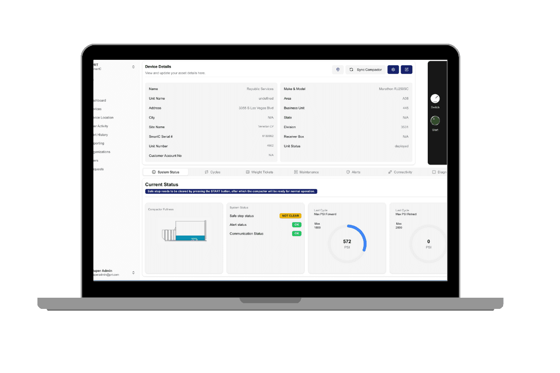 PRT device detail screen - compactor fullness, PSI and system status
